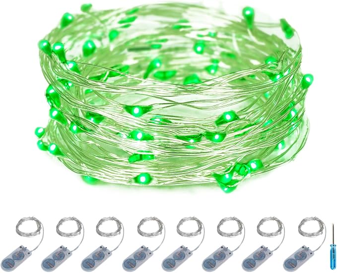 ITART Green Micro LED String Lights Battery Powered 8 Pack Mini String Light 20 LED 6ft Ultra Thin Silver Wire Rope Lights for St Patricks Day Mardi Gras Easter Halloween Party Decor