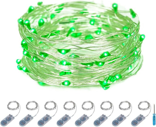 ITART Green Micro LED String Lights Battery Powered 8 Pack Mini String Light 20 LED 6ft Ultra Thin Silver Wire Rope Lights for St Patricks Day Mardi Gras Easter Halloween Party Decor