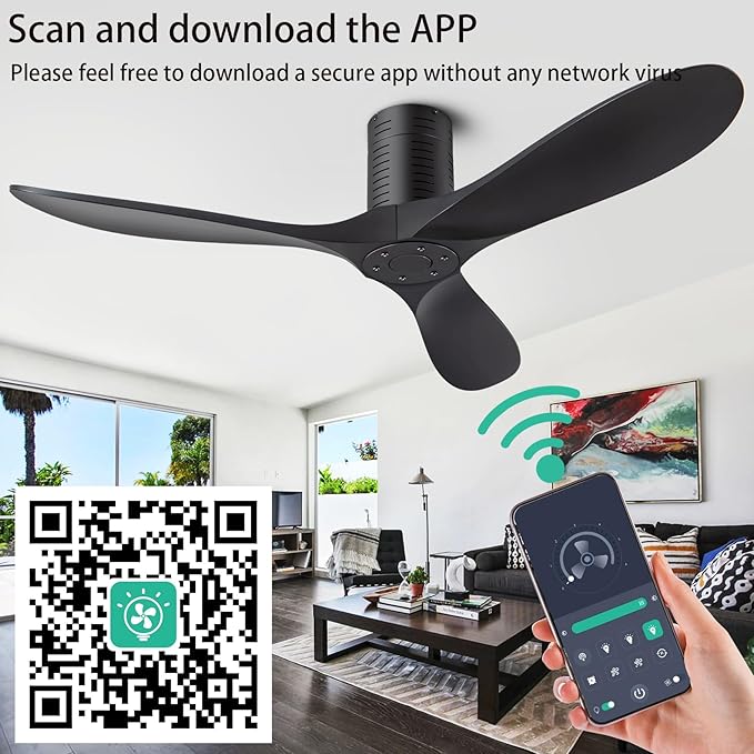 52” Flush Mount Ceiling Fans No Lights and Remote/APP Control, 6 Speed DC Motor, Low Profile Ceiling Fan Without Light for Bedroom, Hallway,Indoor/Outdoor(Matte Black)