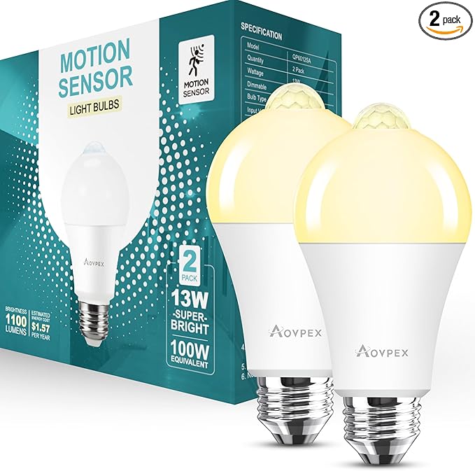 Motion Sensor Light Bulbs, 100W Equivalent Motion Activated Security Light Bulb, 2700K Warm White, Dusk to Dawn, E26 A19 LED Bulb, Auto On Off, Indoor Outdoor Lighting, 2 Pack