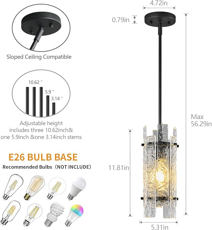 Modern Crystal Pendant Lighting Black Pendant Lights Mini Glass Chandeliers, Adjustable Pendant Light Fixture for Kitchen Island Bedroom Living Room Dining Room Corridor(3Pack)