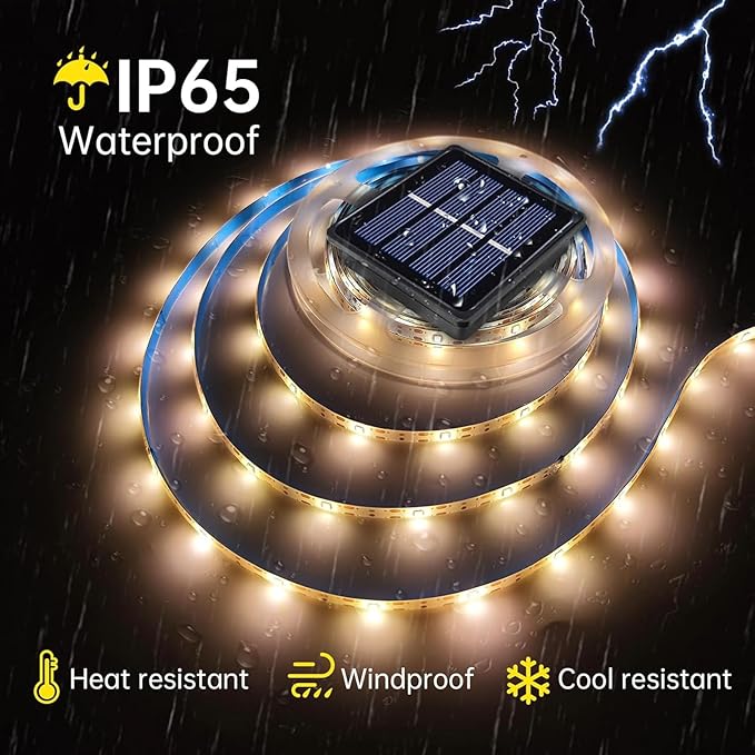 Solar LED Strip Lights Outdoor Solar Powered Rope Light Waterproof 10FT Cuttable Tape Lighting with 8 Modes for Fence, Outside, Stair, Step, Yard, Pool, Camping, Party, 1 Pack