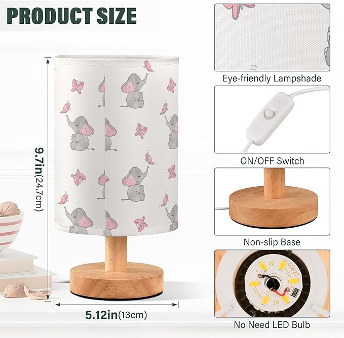 Cute Elephant Baby Play Nightstand Lamp with Wood Base Fabric Shade for Living Room Bedroom Kids Room Office