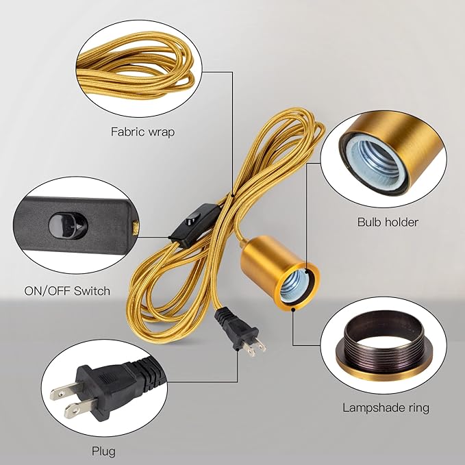 Hanging Lights with Plug in Pendant Cord Switch Golden Light Bulb Socket with Industrial Extension Rope DIY lamp Replacement Pendant Light kit Lantern Cord Porcelain Fixture Fabric Cable 15ft