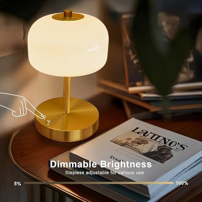 Oneach 9" Cordless Table Lamps Set of 2, Gold Rechargeable Battery Operated Lamp, 3-Way Stepless Dimming Touch Mushroom Lamps, Small Glass Nightlight for Bedroom Dining Table Living Room Shelf Decor