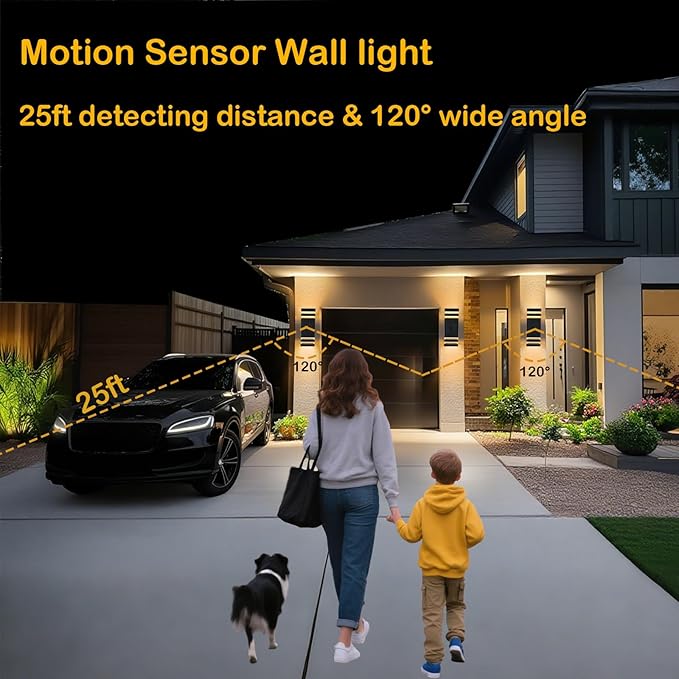 Motion Sensor Outdoor Wall Lights with 3 Lighting Modes, Dusk to Dawn Porch Light with Bulbs Include, IP65 Waterproof Modern Black Wall Sconce for Patio, Garage, Front Door