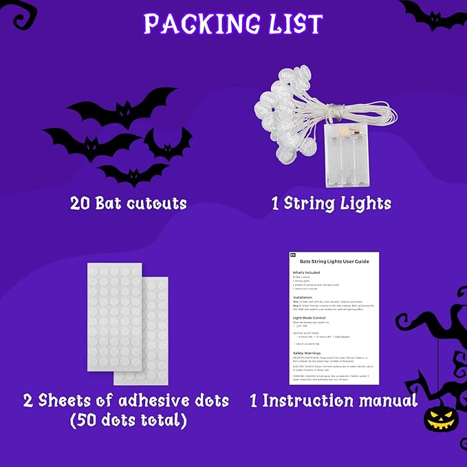 Halloween Bats Fairy Lights Wall Decor, 20 Packs Lighted Bats Stickers with Timer Halloween Party Wall Window Indoor Home Decorations