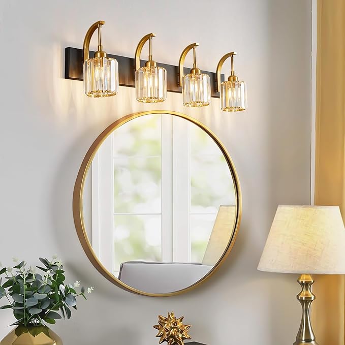 4-Light Crystal Vanity Light, Modern Black Gold Bathroom Wall Sconce with K9 Crystal Shades, 32.67" Long Over Mirror Lighting for Vanity, Makeup, Hallway, Elegant & Easy Install