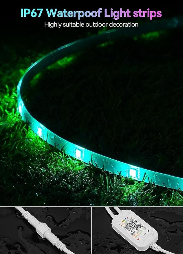 105FT Continuous RGB+IC Outdoor Led Strip Lights Waterproof with RF Remote & Bluetooth Music Sync App Control, Long Color Changing LED Rope Lights,IP67,24V (RGB+IC, 105FT)
