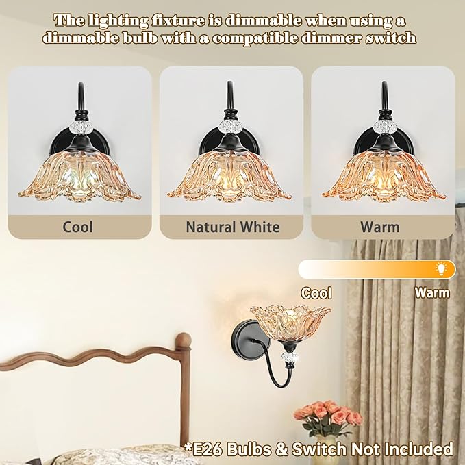 Black Wall Sconces with Floral Amber Glass Shades, Black Farmhouse Wall Mount Lighting for Bathroom,Vintage Bathroom Vanity Light Fixtures