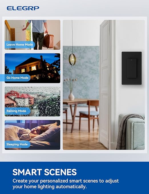 ELEGRP Smart Light Switch, 2.4GHz Wi-Fi Light Switch Compatible with Alexa & Google Assistant, Neutral Wire Required, APP Control and Timer Schedule, UL Certified,Single Pole, Black, 1 Pack