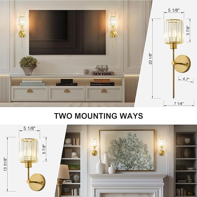 Hardwired Crystal Wall Sconces Set of Two - Dimmable Wall Light Fixtures 3000K, Warm White, for Hallway, Bathroom, Living Room, Bedroom, Brass, 20.1 Inch