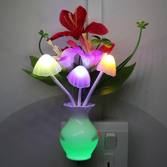 4PCS Plug-in Night Light with Auto Light Sensor,RGB LED Mushroom Night Light Wall Red Lily Flower Lamp for Adults Kids Nursery Room,Bedroom,Lounge,Hallway,Stairs