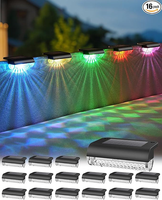 16 Pack Solar Deck Step Lights Outdoor, RGB Solar Fence Lights Led Auto Dusk-to-Dawn, Waterproof Color Changing for Step, Fence, Railing Patio, Balcony- 3000K Warm White