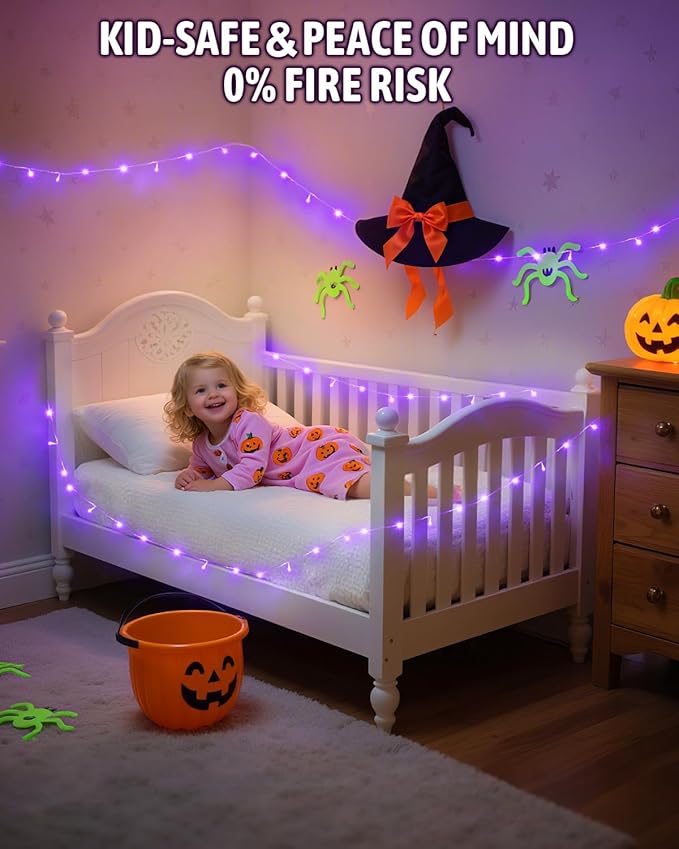 Halloween String Lights Battery Operated, Purple Fairy Lights with Timer Waterproof 16.4ft 50 LED Halloween Decorations for Outdoor Indoor Patio Party Garden Yard Decor 2 Packs