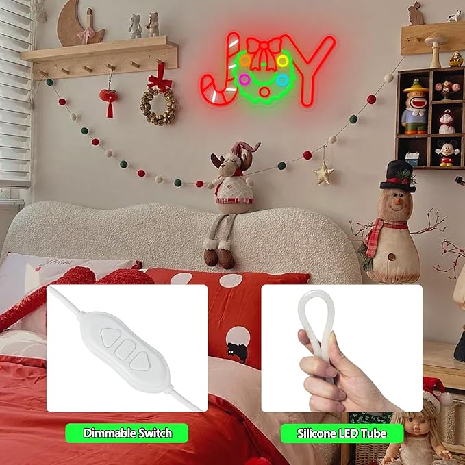 Christmas Neon Sign Christmas Joy Neon Light Signs Wreath Light Sign for Wall Decor Dimmable USB Powered LED xmas Candy Light Up Sign for Bedroom Living Room Holiday Parties Festival Bar Shop