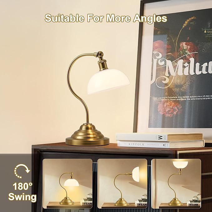 Cordless LED Table Lamp, Battery Operated Desk Lamps with Swing Arm & Plastic Shade, Vintage Small Rechargeable Dimmable Light for Bedroom, Living Room, Nightstand, Brass/White