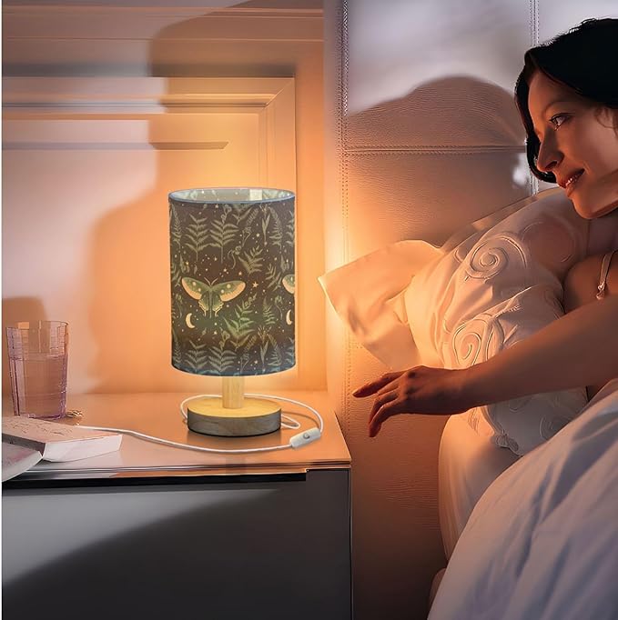 Fustylead Mystical Green Moth with Stars Moon Ferns Bedside Table Lamps with USB Port for Bedroom Lamp Small Nightstand Lamp Sturdy Linen Shade Wooden Decorative Lamps for Living Room Home Dorm Kids