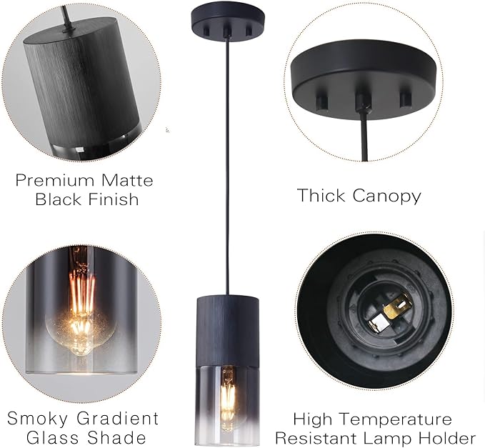 Black Pendant Light Fixtures, Adjustable Modern Pendant Lights for Kitchen Island, Industrial Glass Pendant Lights for Dining Table Hallway Bedroom Living Room,1 Pack
