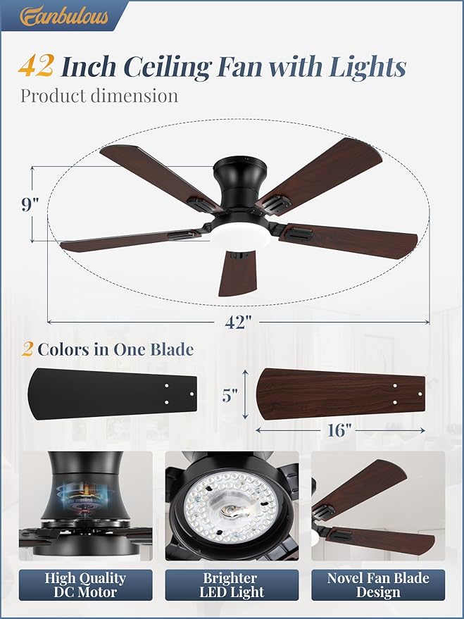 Fanbulous 42 Inch Ceiling Fans with Lights and Remote, Low Profile Indoor Black Ceiling Fan with 6 Speeds & 3CCT, Flush Mount, Dual-Finish 5 Blades,Quiet DC Motor for Living Room Bedroom(2 Pack)