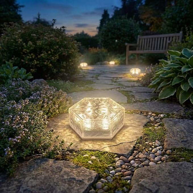 Solar Brick Lights Outdoor Waterproof - Recessed Solar Paver Lights, Ice Brick Design, No Wiring Needed,Landscape Lighting for Pathway,Garden, Patio, Yard, Driveway Decor (1, Warm White, Hexagon)