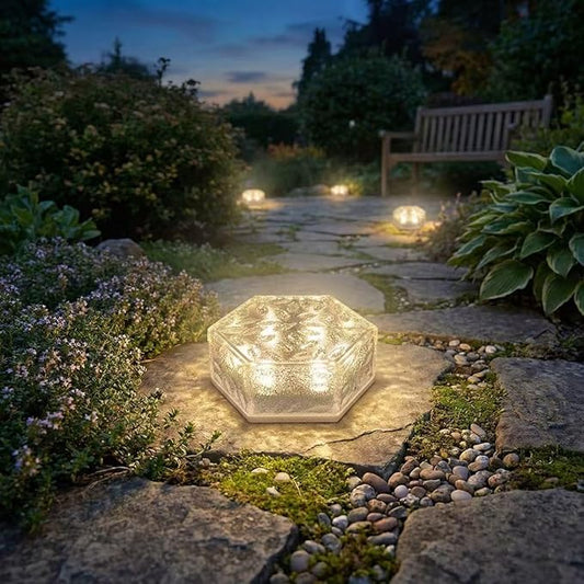 Solar Brick Lights Outdoor Waterproof - Recessed Solar Paver Lights, Ice Brick Design, No Wiring Needed,Landscape Lighting for Pathway,Garden, Patio, Yard, Driveway Decor (1, Warm White, Hexagon)