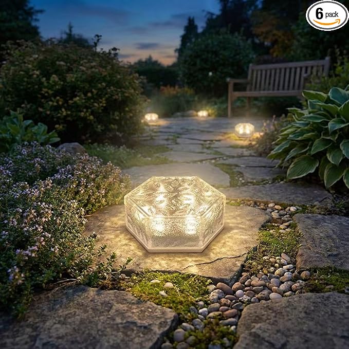 Solar Brick Lights Outdoor Waterproof - Recessed Solar Paver Lights, Ice Brick Design, No Wiring Needed,Landscape Lighting for Pathway,Garden, Patio, Yard, Driveway Decor (6, Warm White, Hexagon)