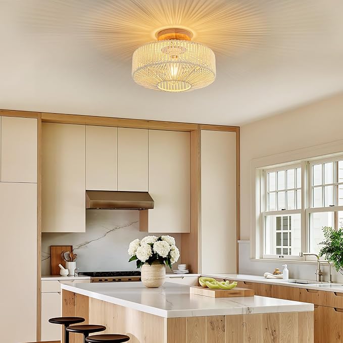 Rattan Light Fixtures Ceiling Flush Mount Boho Chandelier Bedroom Chandelier Ceiling Light for Nursery Hallway Entryway Kitchen Bathroom (Beige)