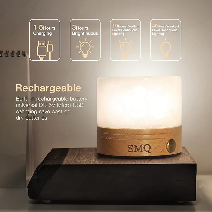 SMQ Clear Quartz Crystal Night Light with USB Charging Port,Healing Crystals Polished Gemstone Touch Control Table Led Lamp with Wooden Base for Nursery,Living Room,Office