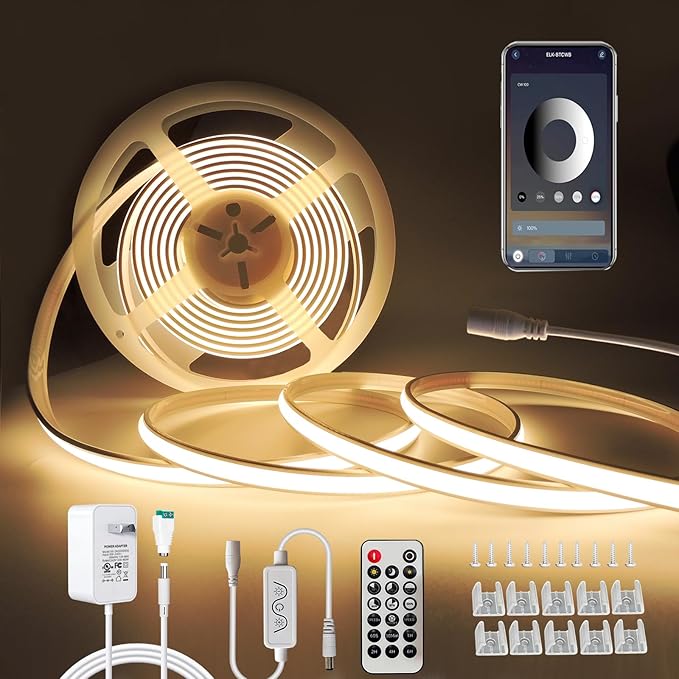 IP67 Waterproof Warm White Dimmable Dotless COB LED Strip Light with Remote & App,3000K CRI 93+16.4Ft Outdoor Flexible Cuttable Silicone Neon Rope Light for Kitchen, Bedroom, Bathroom & More