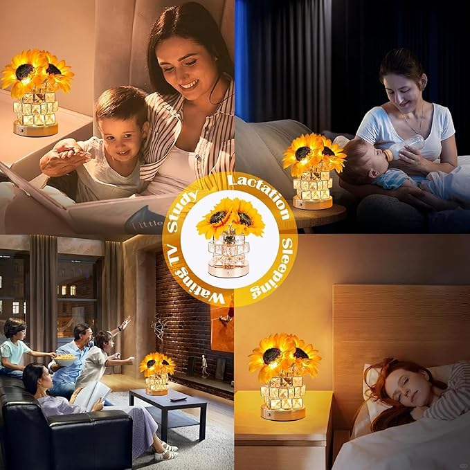 ONXE Rose Lamp, Flower Lamp 3 Colors Dimmable Crystal Table Light, Romantic Rechargeable Cordless Touch Lamp for Bedroom Living Room Pink Decor, Christmas Birthday Gifts for Women Mom (Sunflowers)