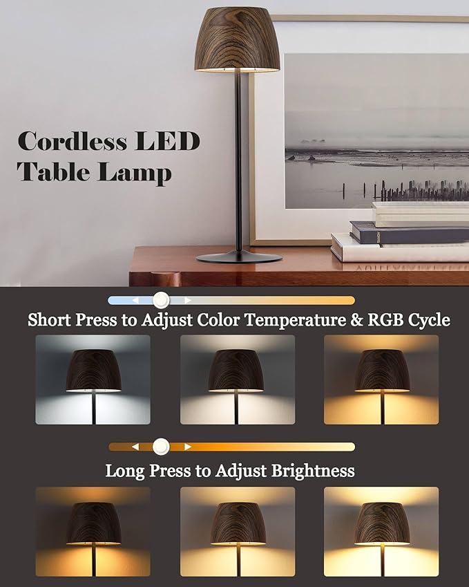 ELYONA 2 Pack Cordless Table Lamp, LED Walnut Wooden Desk Lamps RGB & 3 Color Stepless Dimming Waterproof Rechargeable 4000mAh Battery Operated for Restaurant Bedroom Outdoor Office Night Light Black