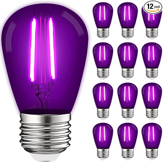 LUXRITE 12-Pack S14 Edison LED Purple Light Bulbs, 0.5W, Colored LED Bulbs for Outdoor String Lights, UL Listed, E26 Base, Indoor Outdoor, Decoration, Party, Holiday, String Light Replacement Bulbs