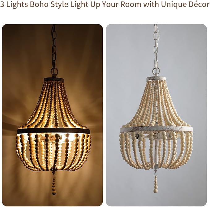 3-Light Mini Bohemian Wood Beaded Chandelier Pendant Boho Light Fixture,Antique Metal Finish Natural Color Wooden Beads, for Bathroom,Living Room,Entryway and Bedroom…