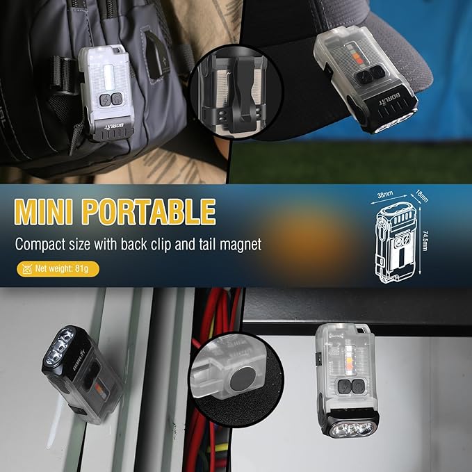 BORUIT V15 LED Small Powerful EDC Flashlight with Warm White Red Light,Bright 1200LM USB C Rechargeable 10 Modes Mini Pocket Keychain Flash Light with Clip,IP67 Waterproof,80°Head Swivels,Tail Magnet