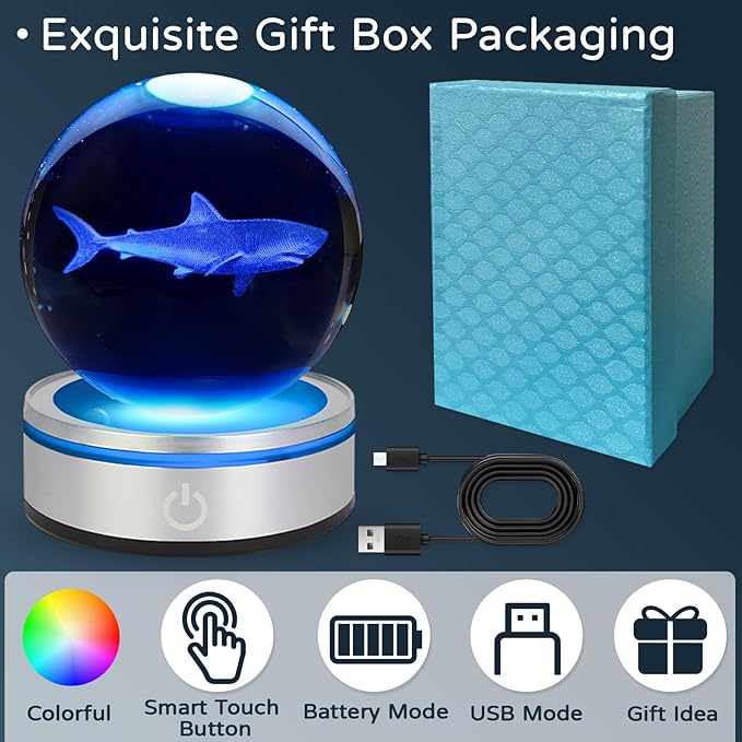 3D Shark Crystal Ball Night Light With LED Colorful Lighting Touch Base 3.15 In Glass Sphere Lamp for Birthday Christmas, Cool Toy Gift for Boys Girls Kids Figurine Home Decor