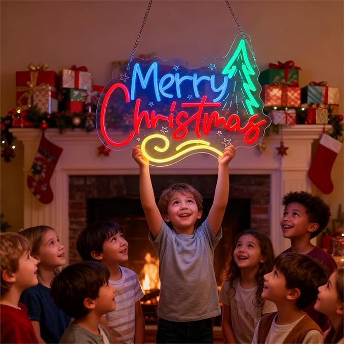 Christmas Neon Sign, Green Tree Shape with 'Merry Christmas' Lettering, LED Holiday Decoration for Indoor Home Wall/Tabletop