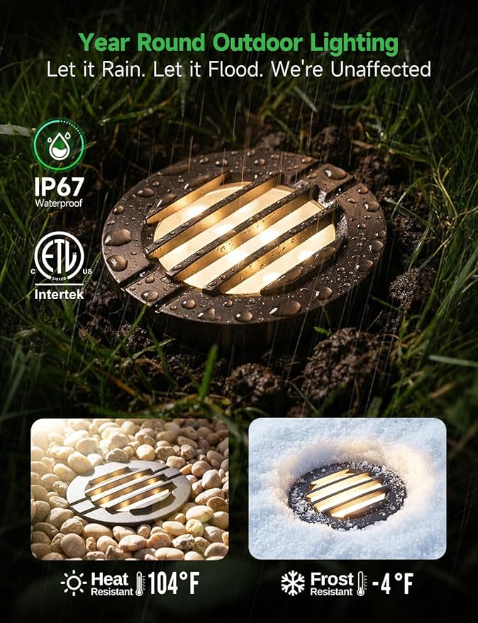 Ground Well Lights Kit, 12 Pack Landscape Low Voltage Inground Lights and 200W Transformer and 250FT Cable and 40 Wire Connectors, Outdoor Waterproof IP67 Aluminum for Backyard Wall 6W 350LM