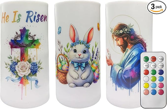 3PCS Nativity Easter Flameless Candles with Remote Control,Christian Cross Bunny LED Candles for Spring Easter Home Decor