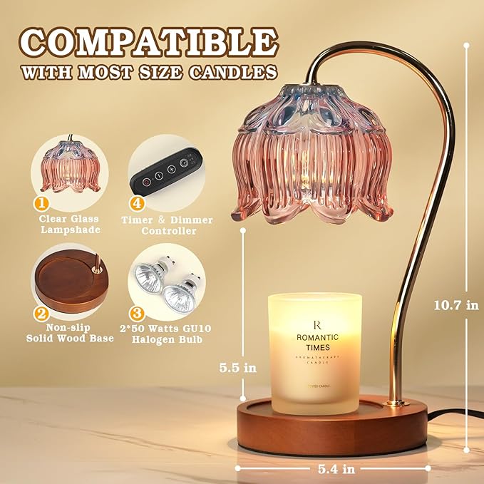 Dimmable Candle Warmer Lamp with Timer, Electric Candle Warmer Lamp, Women Birthday Gifts, Flower Candle Lamp Warmer for Family, Pink Blue Fragrance Candle Lamp for Modern Office Desk Decor