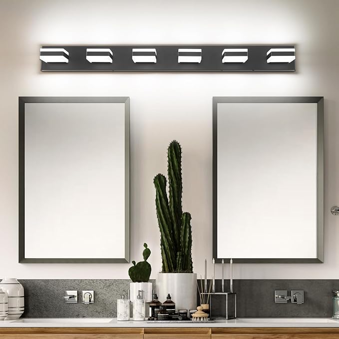 SOLFART Black Vanity Light,Modern LED 6 Light Bathroom Lighting Fixture，Dimmable Vanity Lights for Mirror Cool Light 6000K