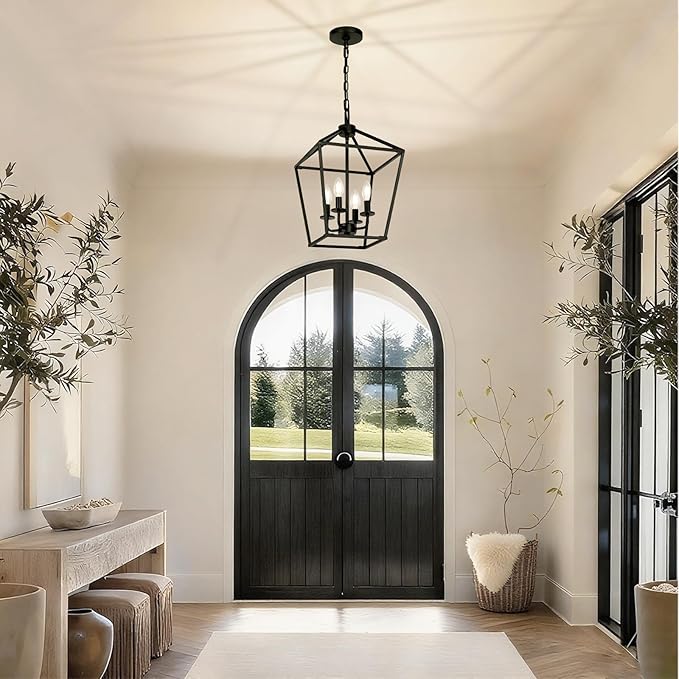 4 Light Chandelier, Industrial Ceiling Light Black Lantern Light Fixtures with Farmhouse Metal Cage Adjustable Height Rustic Geometric Hanging Light E12 Base for Kitchen Island, Entryway, Indoor