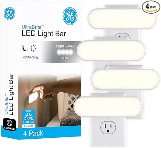 GE Ultrabrite LED Light Bar Night Lights Plug Into Wall Room Decor Ambient Lighting Dusk to Dawn Sensor Bright Nightlight, White, 100 Lumens, 4 Pack