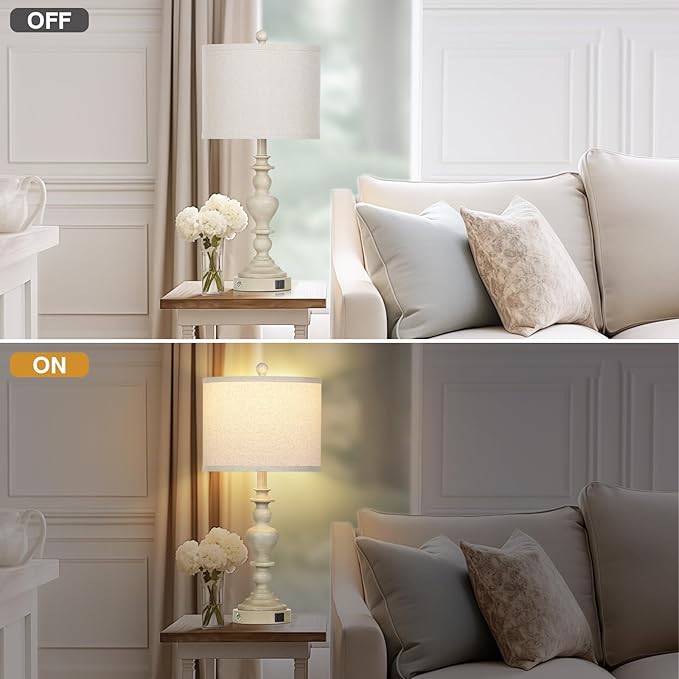 27" Farmhouse Lamps Set of 2 with USB C+A Charging Ports, Vintage Rustic Touch Control Table Lamp for Living Room, 3-Way Dimmable Traditional Nightstand Bedside Lamp for Bedroom Resin Washed Beige