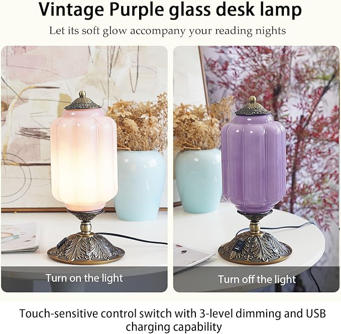 Vintage Purple Glass Touch Table Lamp, Elegant MilK Glass Bedside Desk Lamp 3 Way Dimmable with USB C+A Charging Ports - Bedroom Nightstand & Living Room Essential, 4W Bulb Included (Purple, 6.5)