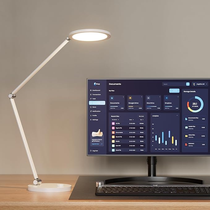 Desk Lamp for Home Office, Metal Swing Arm Desk Light, 3 Mode Stepless Dimming Desktop Lamp, 14W 1200LM Computer Task LED Lamp, Desk Ring Light for Streaming, Podcasting, Video Calls, Conference