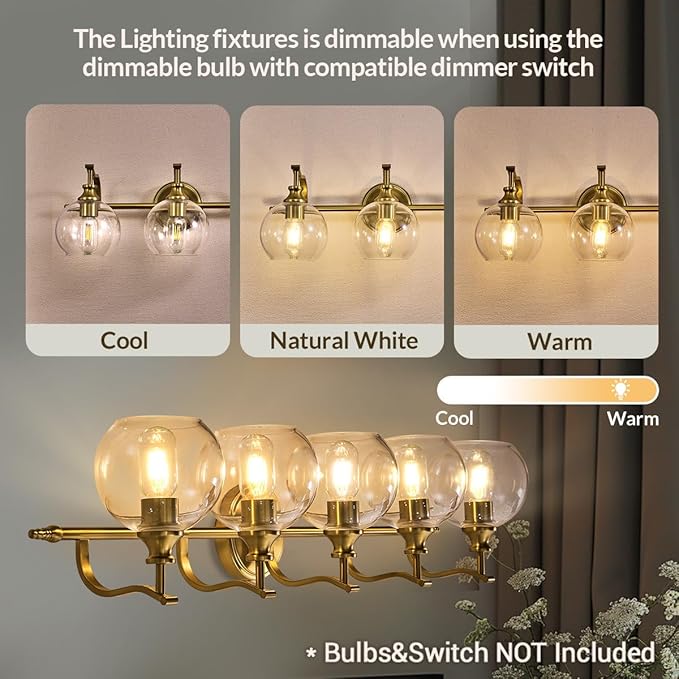 ANDY STAR Brushed Gold Bathroom Light Fixtures, 5-Light Vanity Lights for Mirror, 35 Inch Modern Wall Sconces Lighting with Globe Clear Shade Up or Down Wall Mounted for Bedroom, Living Room, Hallway