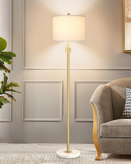 【Upgrade】 Gold Floor Lamps for Living Room, 55"-67" Height Adjustable Modern Standing Lamp with Marble Base, Pull Chain Switch, 3-Way Dimmable Tall Pole Lamp for Bedroom Office Reading, Bulb Included