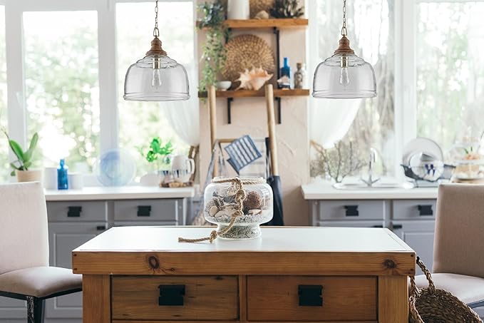 Capital Lighting 330318GY Julian Coastal Style Clear Organic Rippled Glass Pendant with Handcrafted Mango Wood Finial, 1-Light 60 Watt, 16" H x 14" W, Grey Wash
