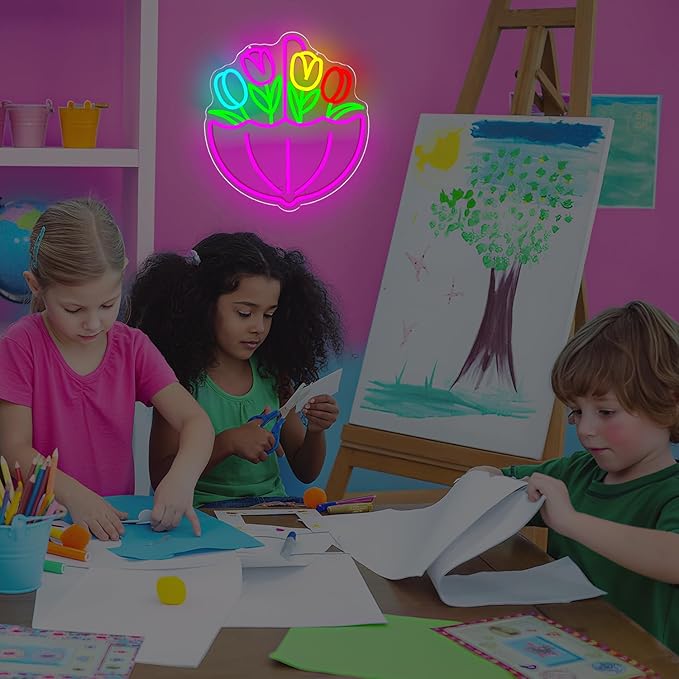 Spring Flower Umbrella Neon Sign Dimmable Tulips Neon Lights April Showers Bring May Flowers Led Sign Easter Wall Art Spring Decorations for Office Classroom